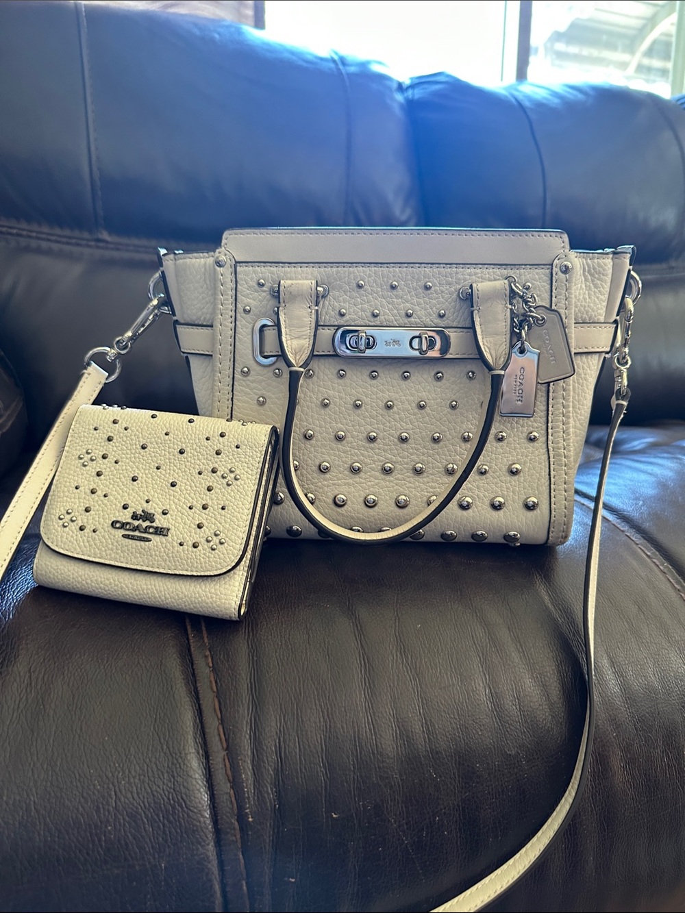 Coach Studded Pebbled Leather Satchel and Wallet in Light Gray